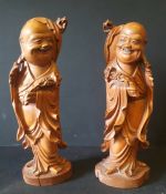Vintage Pair Chinese Standing Laughing Buddha Figures Hand Carved Wood