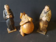 Antique Vintage 3 x Hand Carved wooden Figures. Vicar & Old Lady & Beer Drinking Man