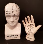 Vintage Retro Ceramic Phrenology Head & Hand By L. N. Fowler