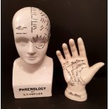 Vintage Retro Ceramic Phrenology Head & Hand By L. N. Fowler