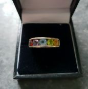 Vintage Jewellery Sterling Silver Dress Ring Multi Coloured Stones Boxed UK Size L+