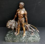 Vintage Bronze Sculpture On Marble Base Male Warrior & Lion c1900's