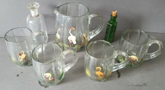 Antique Vintage Retro Hand Made & Hand Painted Jug & 4 Matching Glasses Plus 2 Collectable