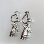 Dutch Silver quirky vintage 830 Earrings - Movable Windmills - Non-Pierced