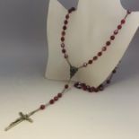 Vintage Italian Rosary Necklace with Red Aurora Borealis Crystal Beads