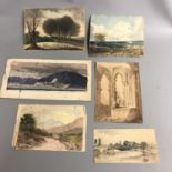A collection of six unframed unsigned small vintage watercolour paintings
