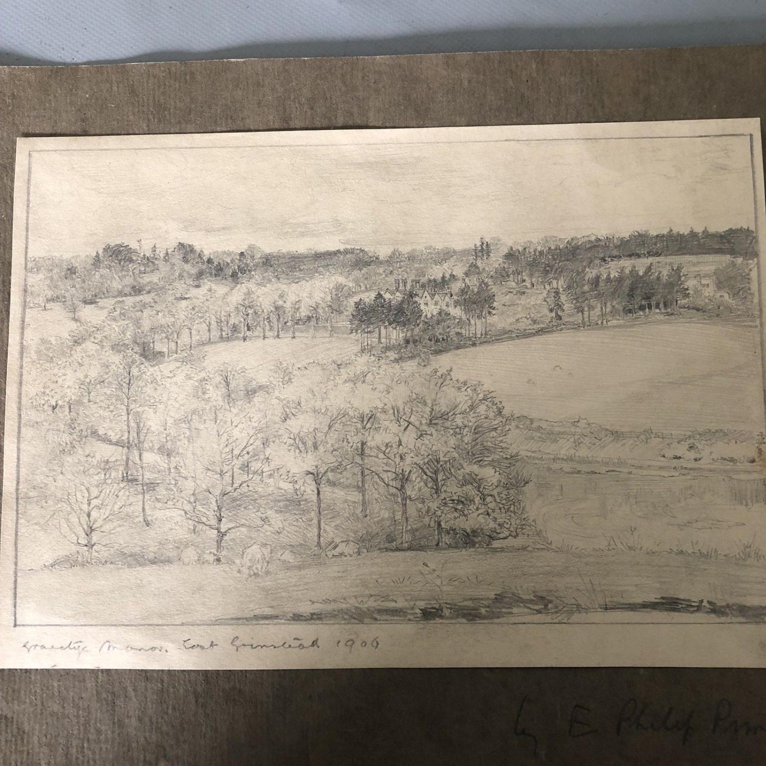 Antique Original Graphite Pencil Drawing 1906 - E PHILIP PIMLOTT ARE Gravetye Manor East Grinstead