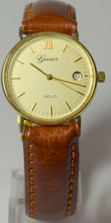 9ct Gold Geneve Watch On Leather Strap