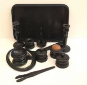 Antique Ebonised Dressing Table Set Includes Hand Mirror Candle Sticks Hat Pin Stand Tray &