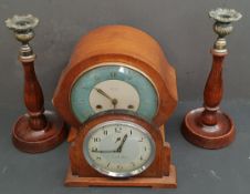 Antique Vintage 2 Smiths Clocks and a Pair of Candlesticks