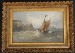 Antique Oil on Board Sea Scape Painting in Ornate Frame c1800's