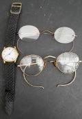 Vintage 18ct Gold Wrist Watch Swiss Made Plus 2 x Wire rimmed Spectacles