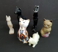 Vintage Collection of 6 Cat Figures Includes Royal Crown Derby Paperweight Cat 3.5 inches tall