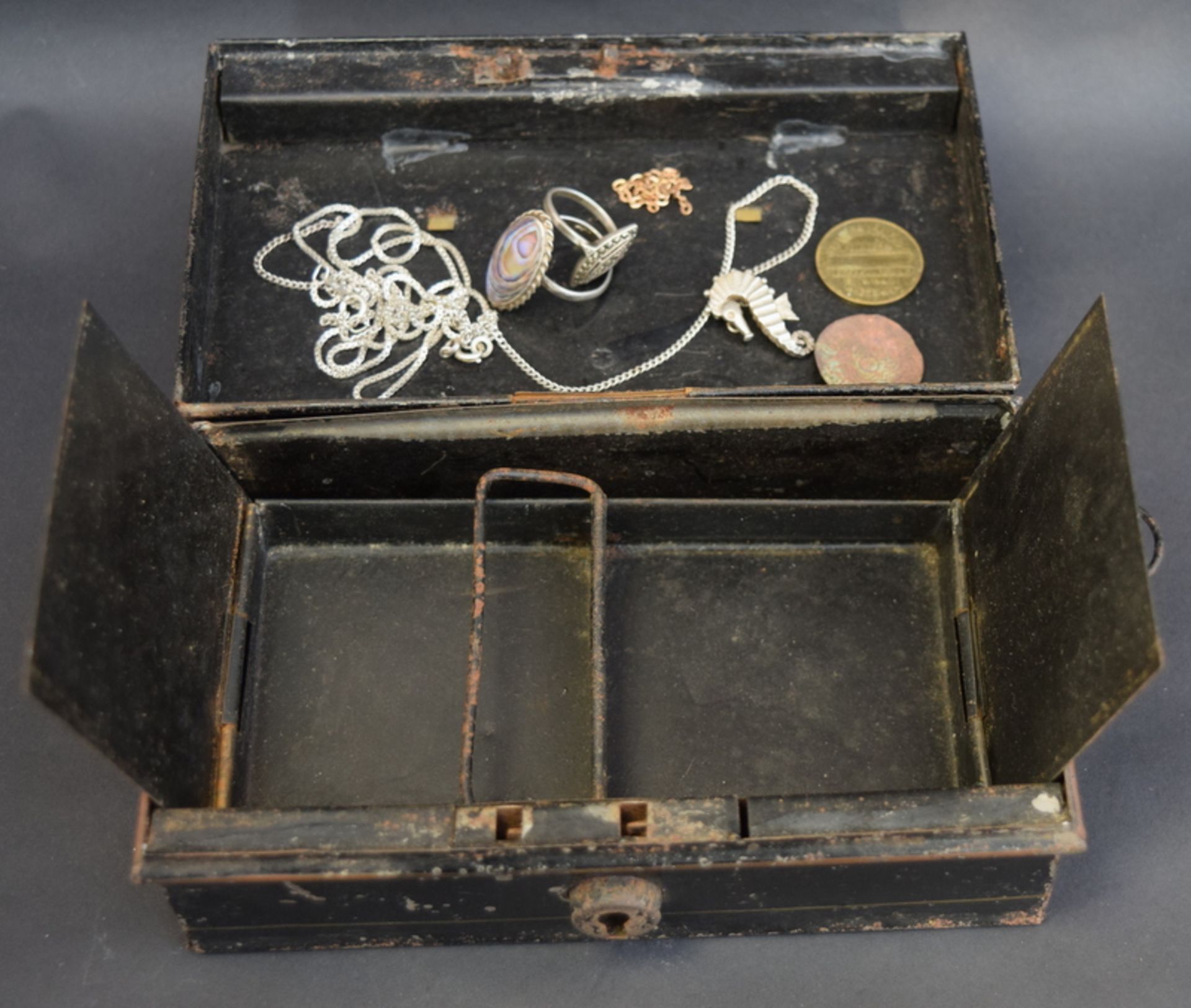 Vintage Money Box Containing Silver Rings, Chain and Pendant