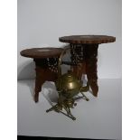 lot 235 Two Ornate carved Small Tables and a Brass Vintage Kettle with Spirit Burner