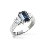 18k White Gold GIA Certified Step Cut Sapphire & Diamond Ring