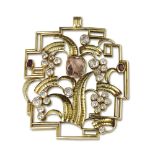 Wiener Werkstätten 14k Yellow Gold Topaz, Diamond & Ruby Anton Kling Pendant