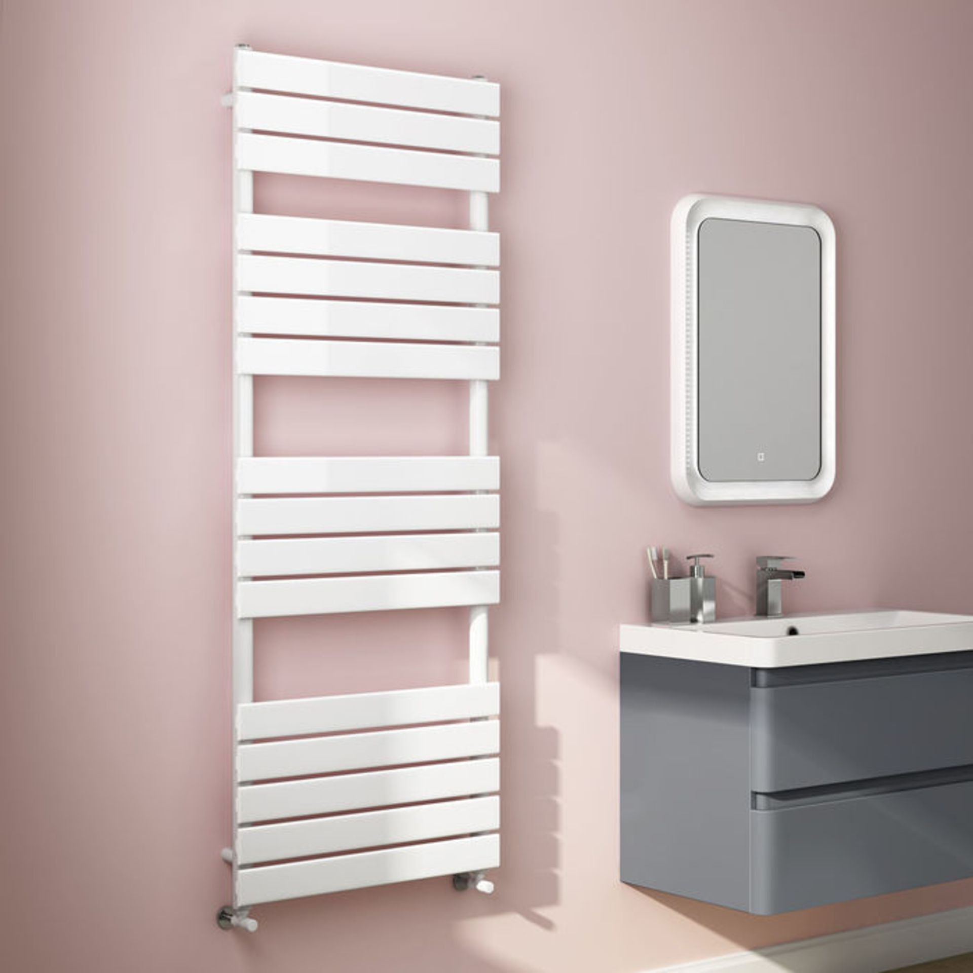 (P62) 1600x600mm White Flat Panel Ladder Towel Radiator. Made from low carbon steel with a high