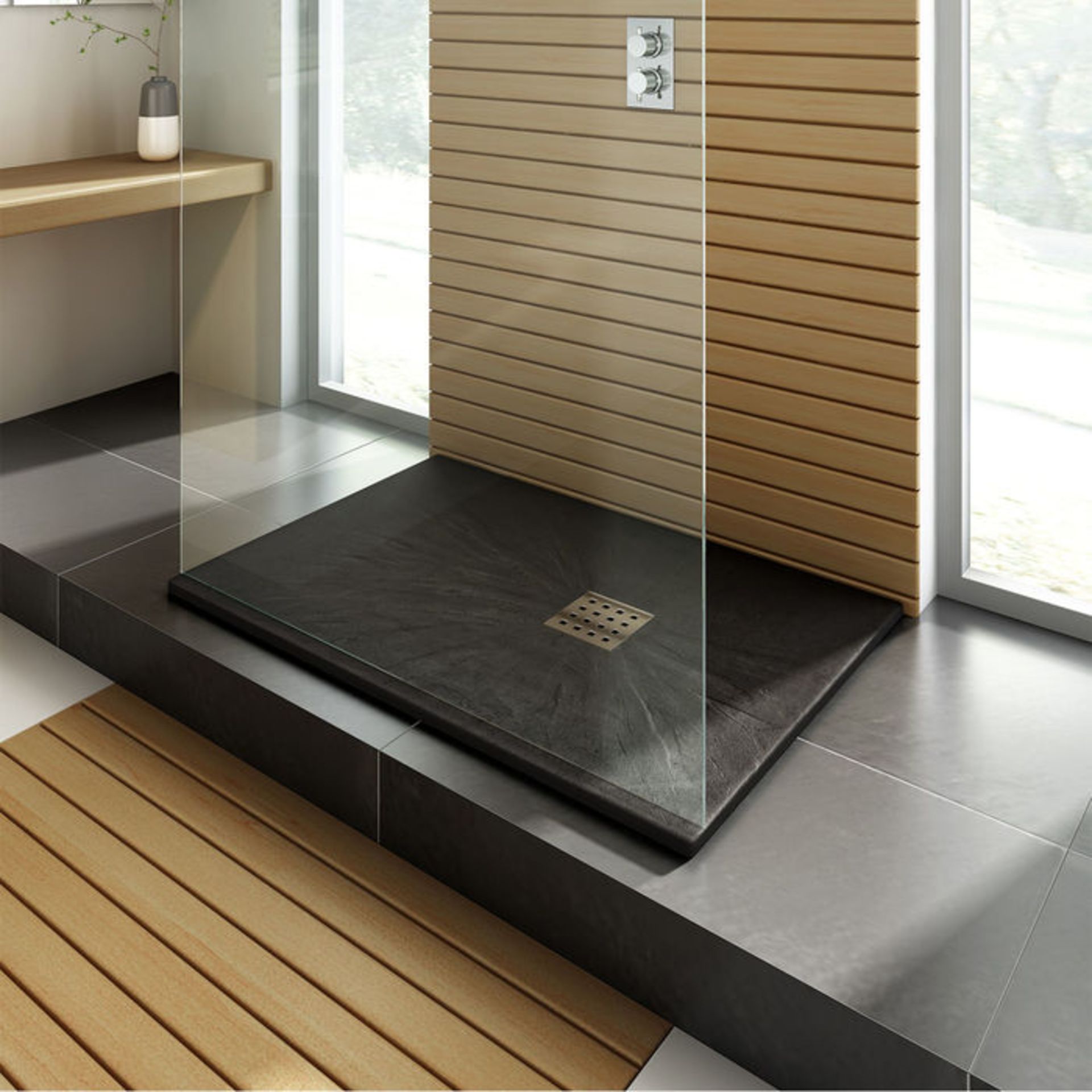 (P72) 1200x800mm Rectangular Slate Effect Shower Tray & Chrome Waste. Hand crafted from high grade