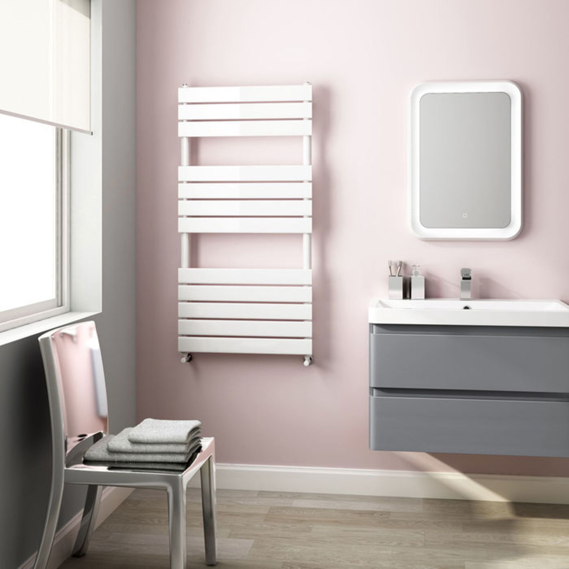 (P6) 1200x600mm White Flat Panel Ladder Towel Radiator.Made from low carbon steel with a high - Image 2 of 2