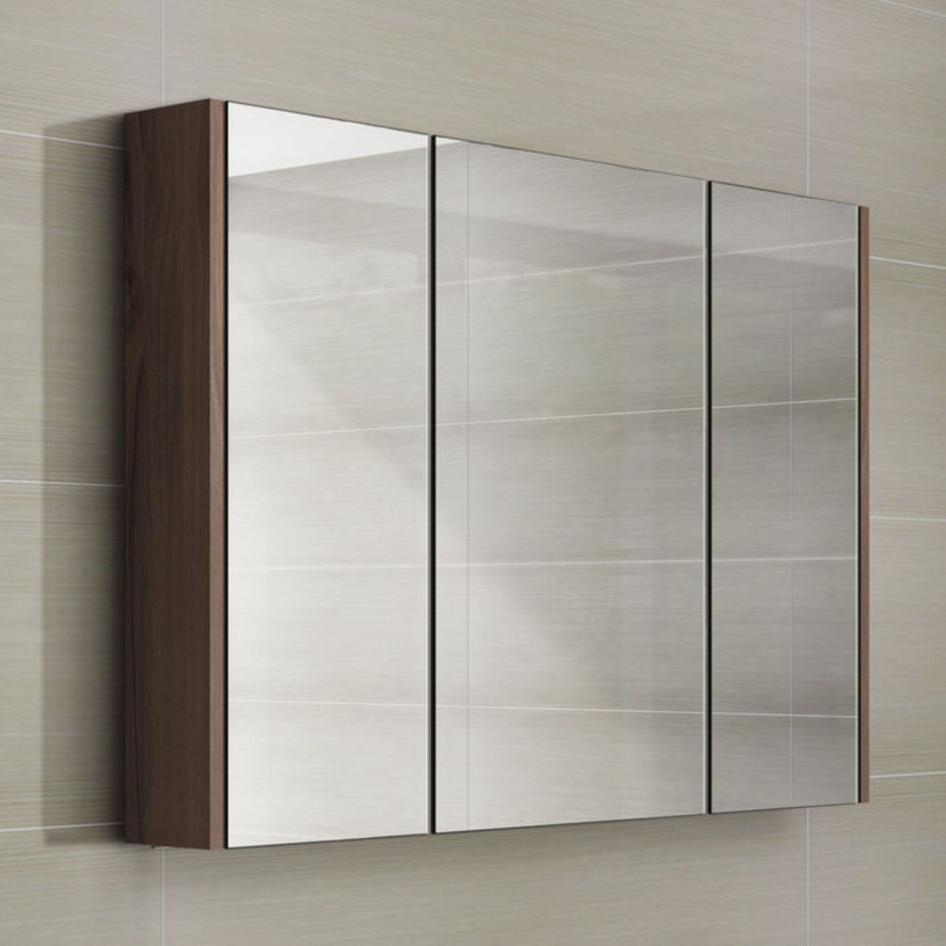 (P143) 900mm Walnut Effect Triple Door Mirror Cabinet. RRP £299.99. Sleek contemporary design Triple