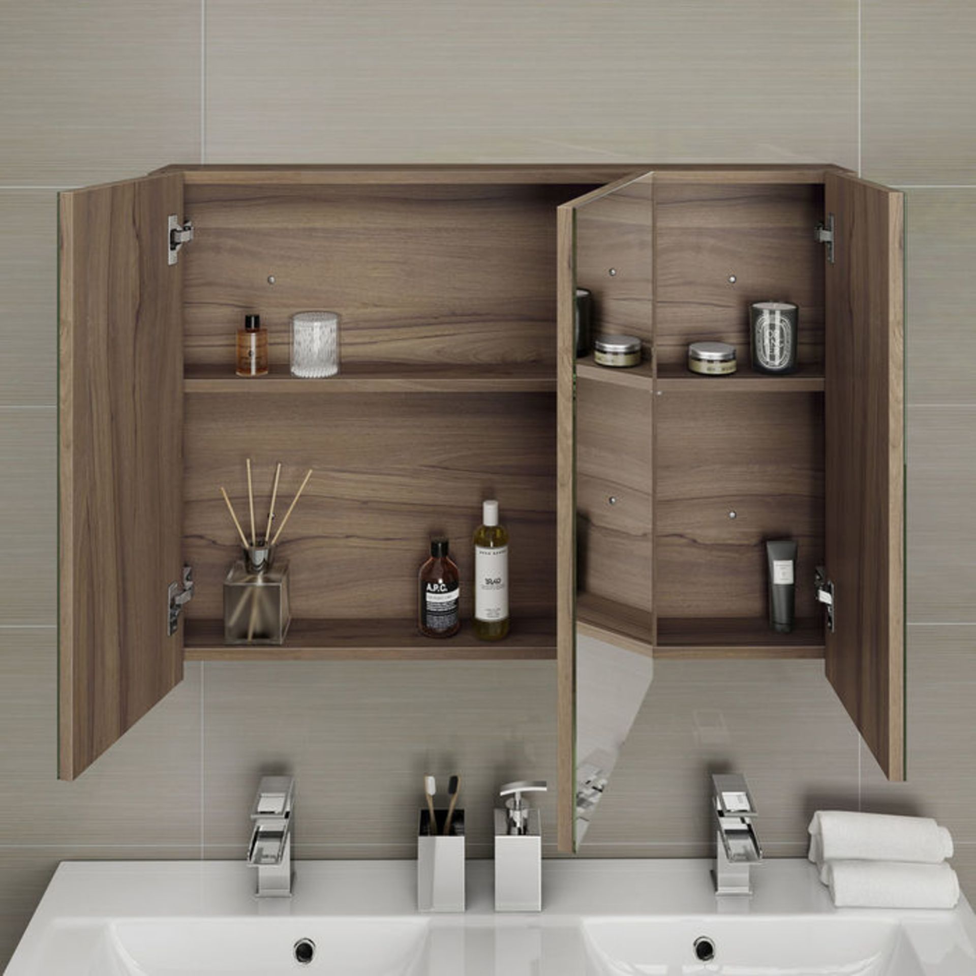 (P143) 900mm Walnut Effect Triple Door Mirror Cabinet. RRP £299.99. Sleek contemporary design Triple - Image 3 of 4