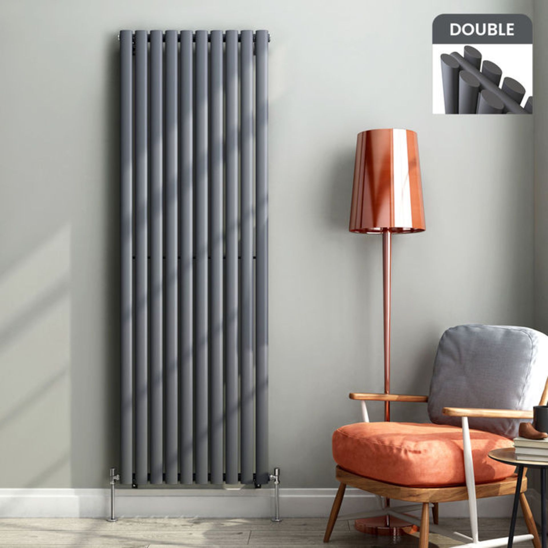 (P63) 1800x600mm Anthracite Double Panel Oval Tube Vertical Premium Radiator. RRP £499.99. Made from