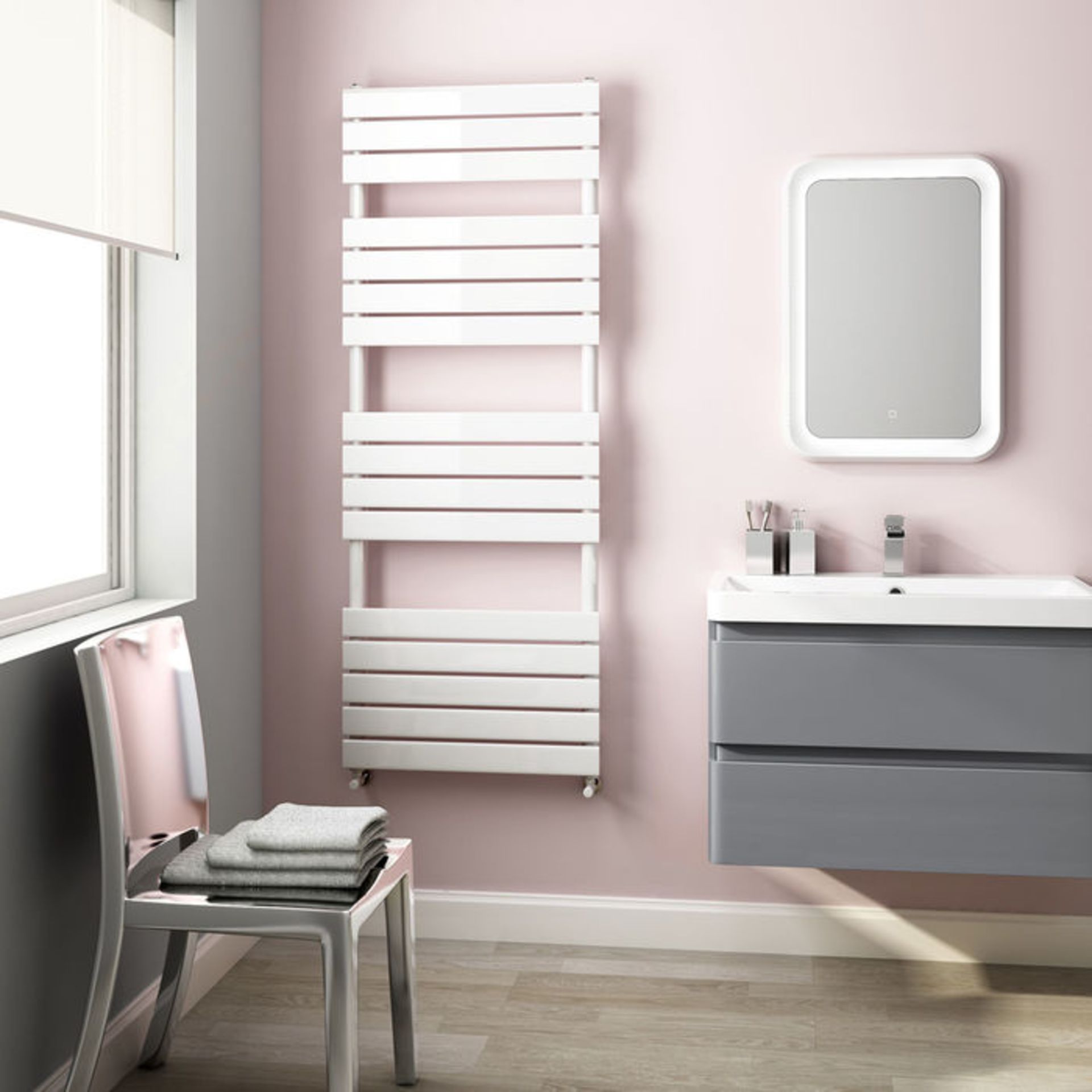 (P62) 1600x600mm White Flat Panel Ladder Towel Radiator. Made from low carbon steel with a high - Image 2 of 2