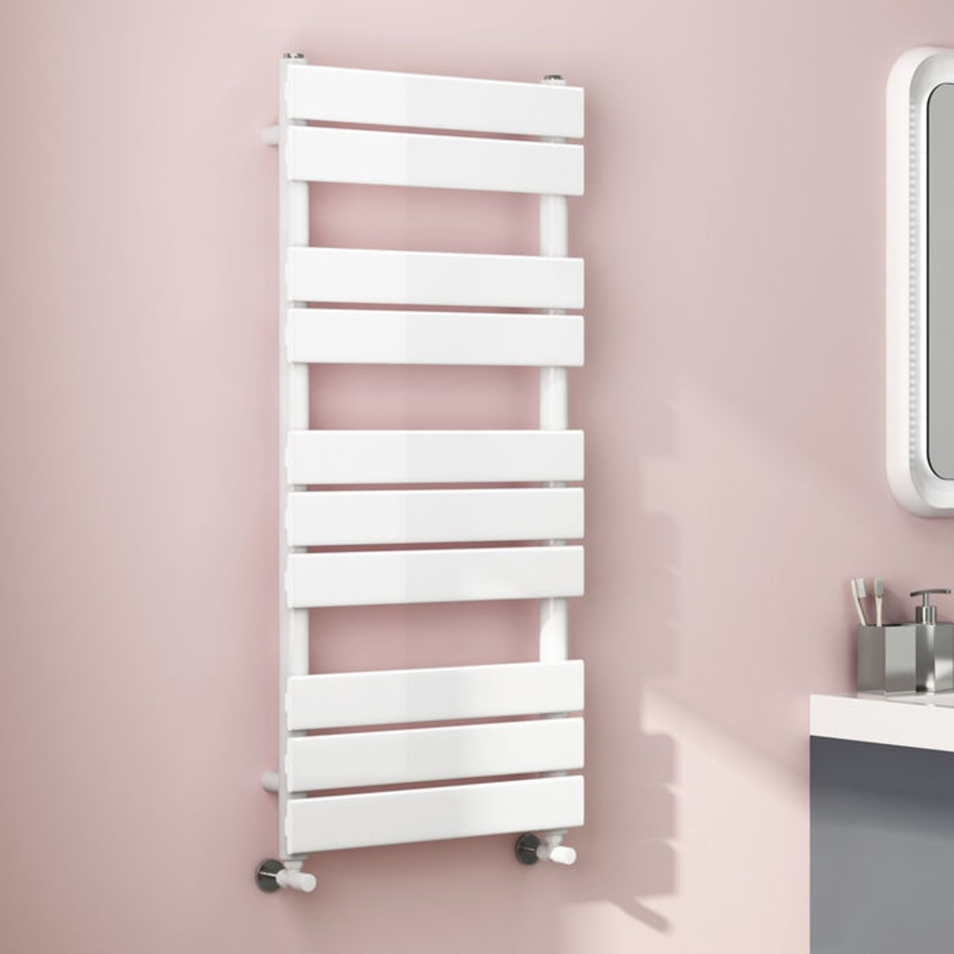 (ZA191) 1000x450mm White Flat Panel Ladder Towel Radiator. Made from low carbon steel with a high