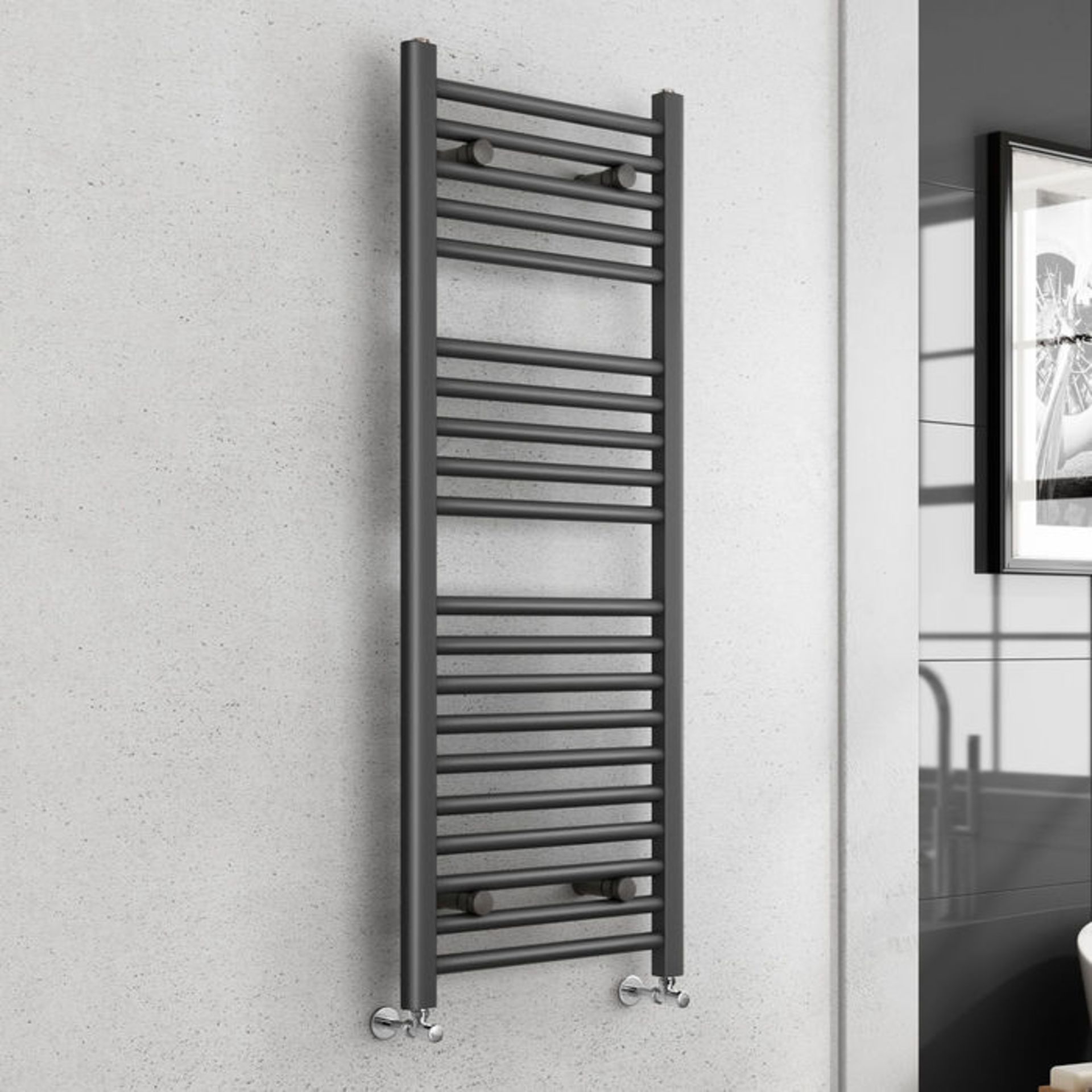 (AL7) 1200x450mm - 25mm Tubes - Anthracite Heated Straight Rail Ladder Towel Radiator. This