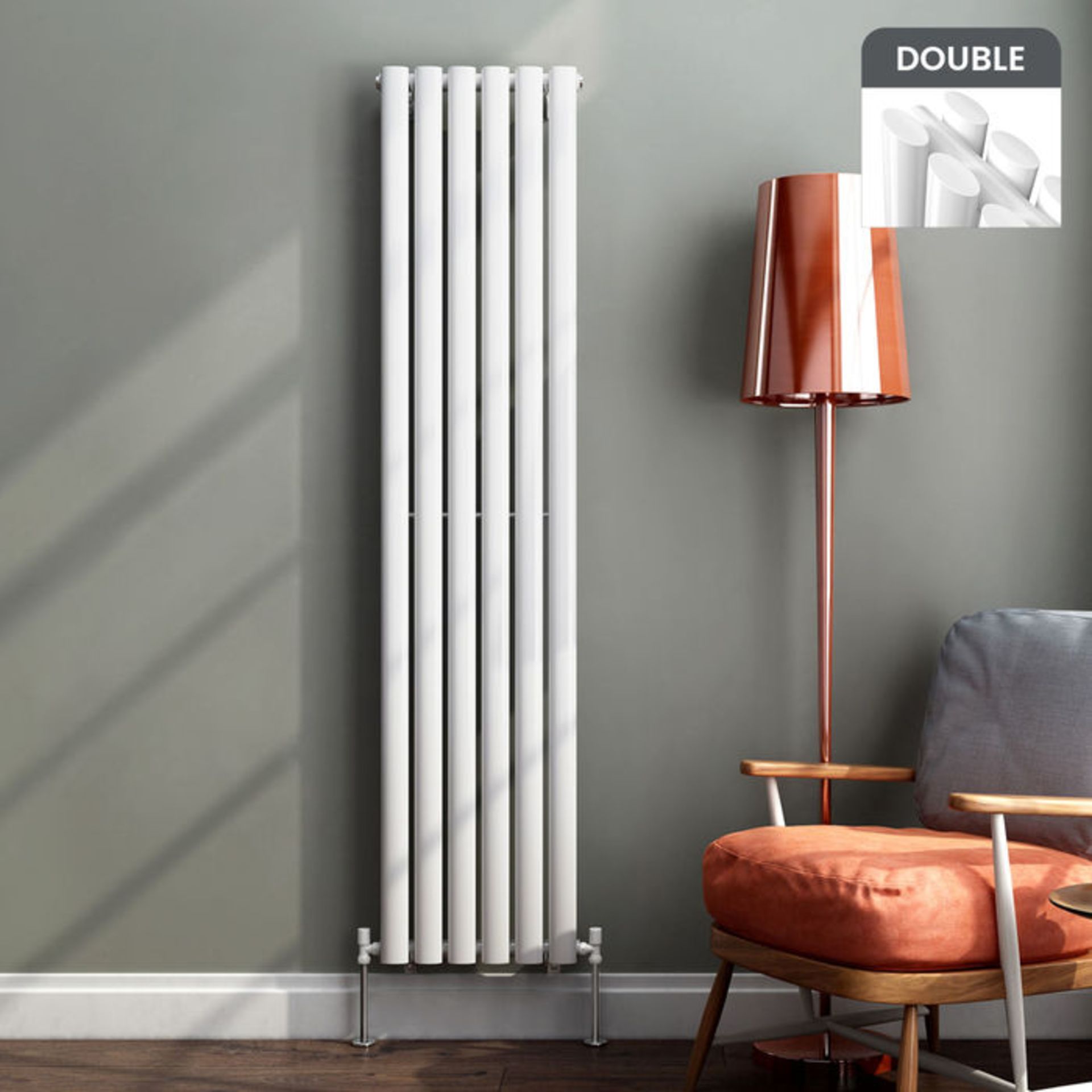 (AL182) 1600x360mm Gloss White Double Oval Tube Vertical Radiator. RRP £349.99. Made from high