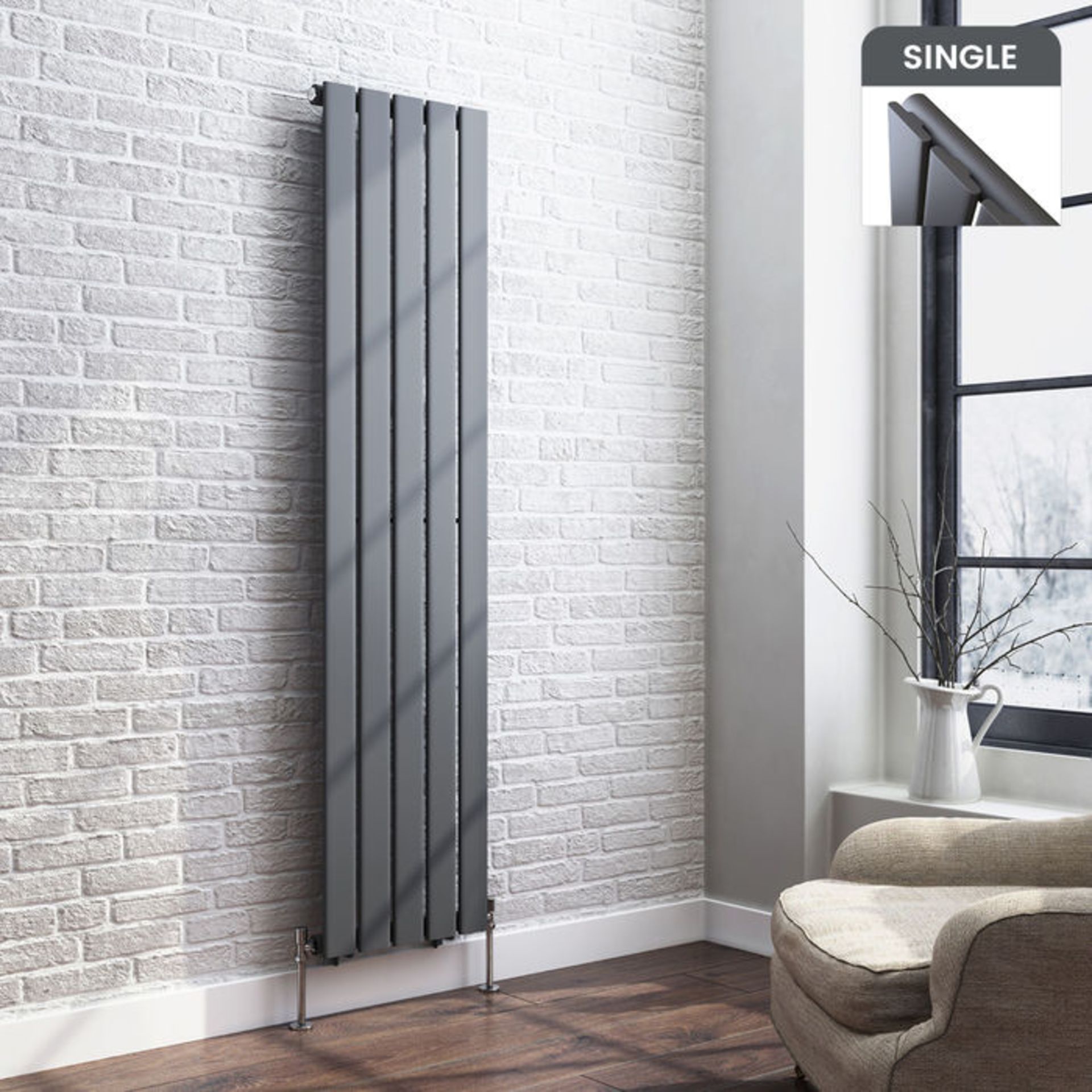 (AL185) 1600x376mm Anthracite Single Flat Panel Vertical Radiator. RRP £349.99. Made from low carbon