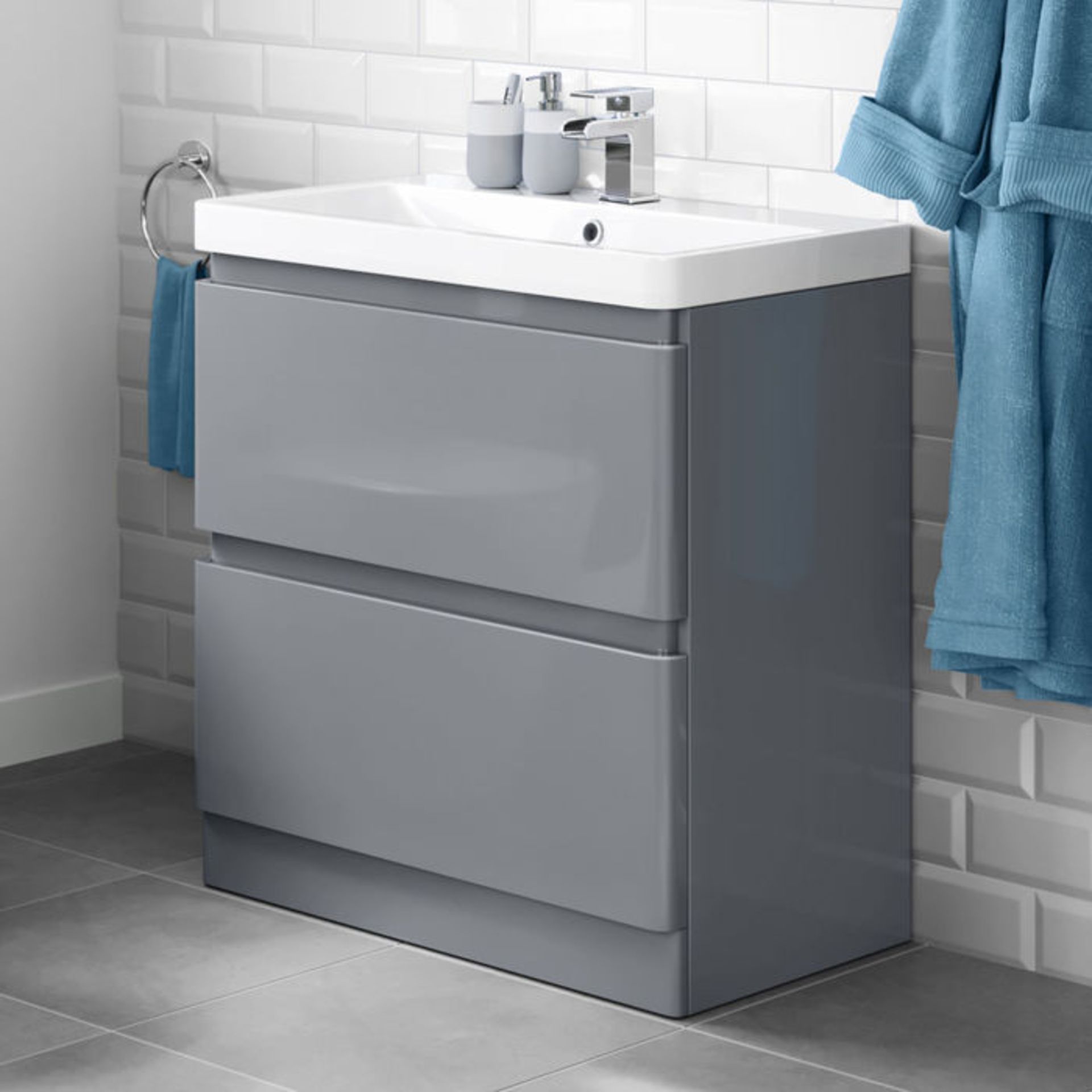 (AL59) 800mm Denver II Gloss Grey Built In Basin Drawer Unit - Floor Standing. RRP £499.99. Comes