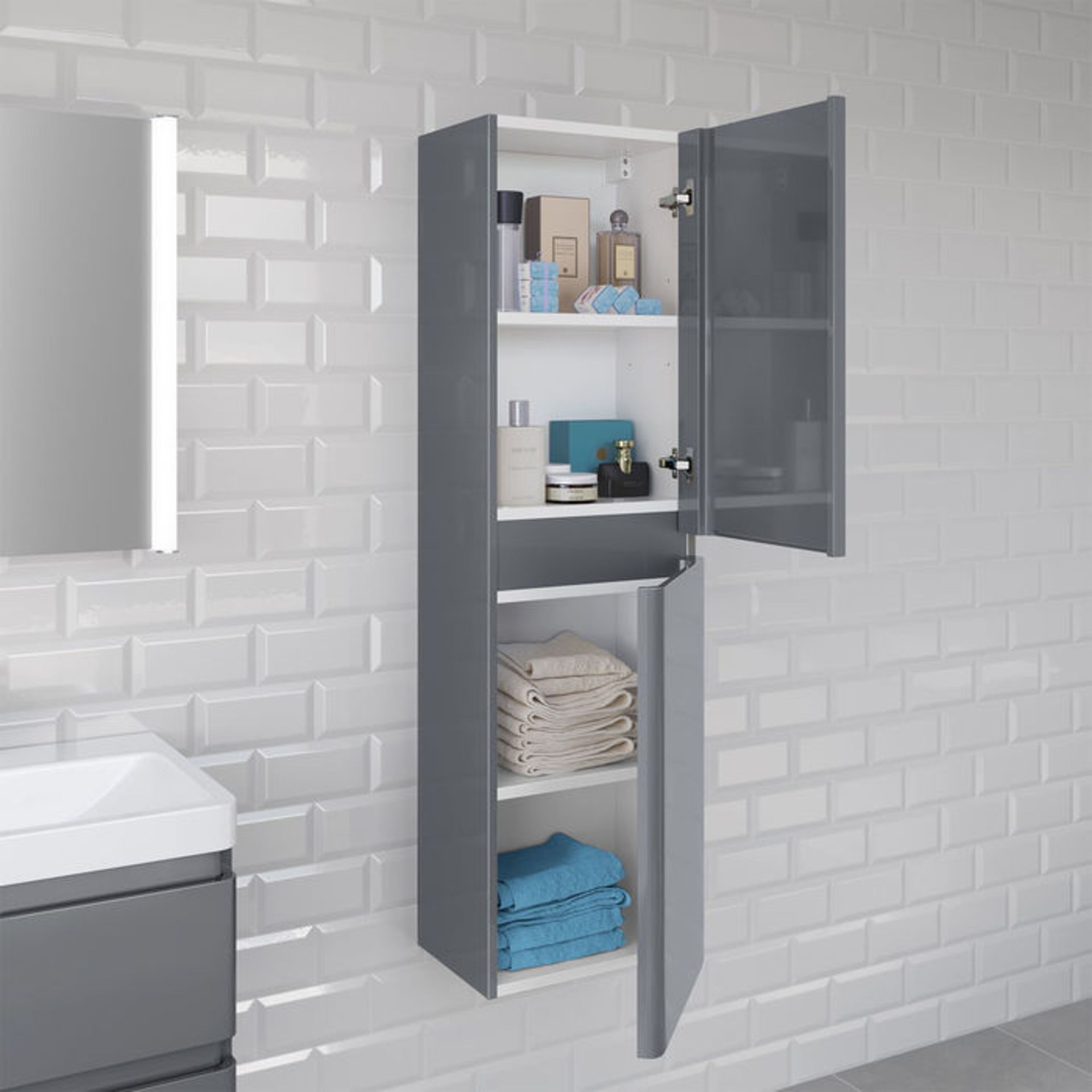 (TS246) 1400mm Denver II Gloss Grey Tall Wall Hung Storage Cabinet - Wall Hung. RRP £299.99. Great - Image 2 of 4