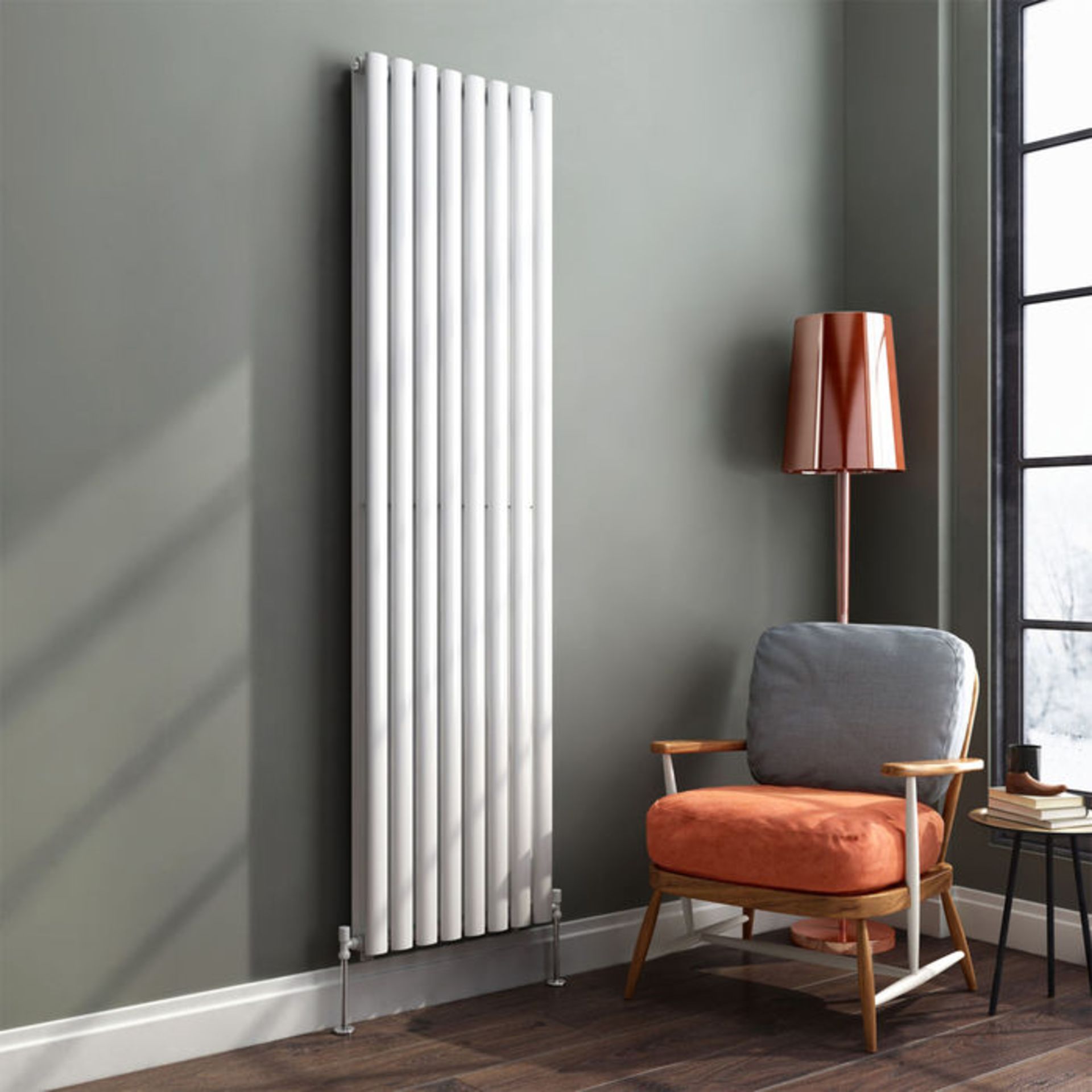 (TA17) 1800x480mm Gloss White Double Oval Tube Vertical Radiator. RRP £399.99. Made from high - Image 2 of 3