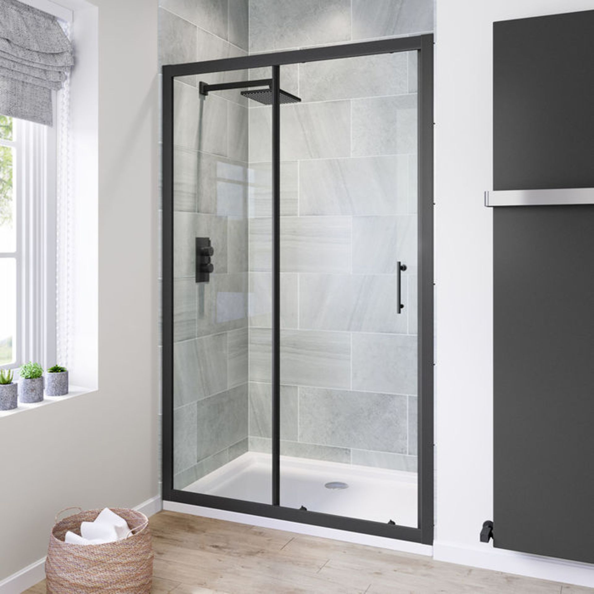 (TA35) 1200mm - 6mm Black Frame Sliding Shower Door. RRP £399.99. Stylish matte black finish frame