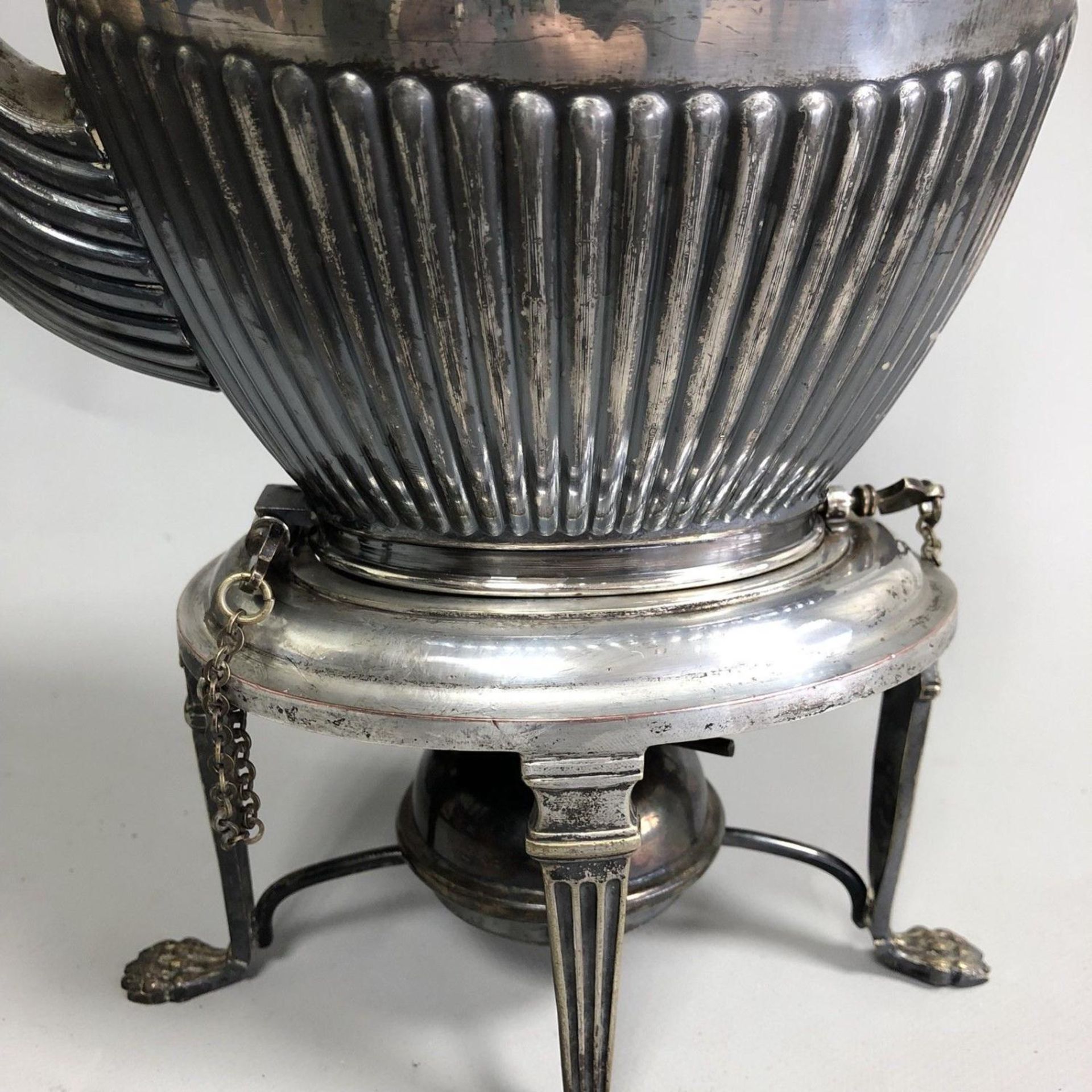 Antique Silver Plated Fluted Spirit Kettle on Stand With Original Burner Barker Brothers - Image 2 of 9