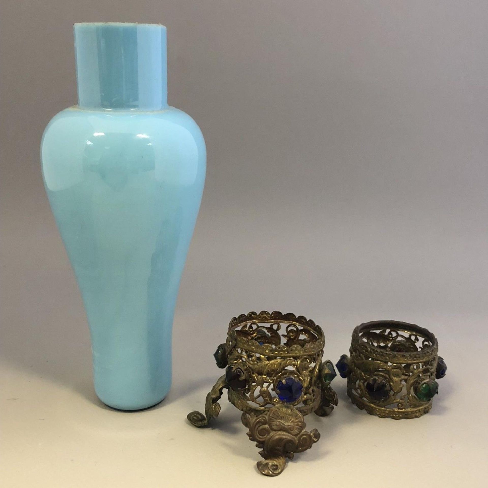 French blue opaline glass vase/perfume bottle gilt metal jewelled mounts - 19thC - Image 4 of 4