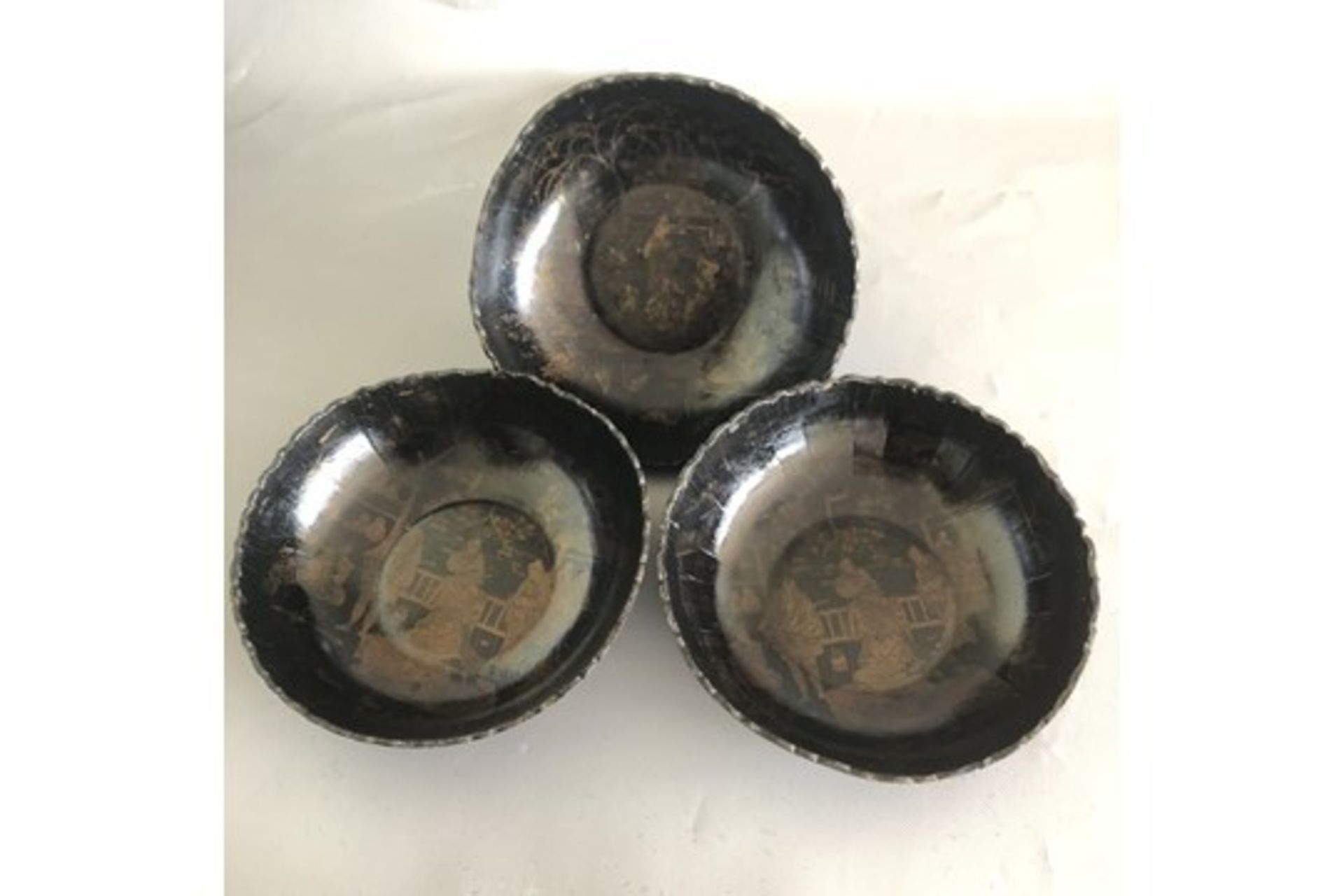 Group or Set of 3 antique black & gilt Japanese lacquered papier mache bowls.