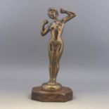 Vintage Brass Car Mascot Figurine Nude Female - On Oak Stand
