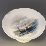 A Victorian Tazza or Pedestal Cake Stand with Hand Painted Harbour Scene