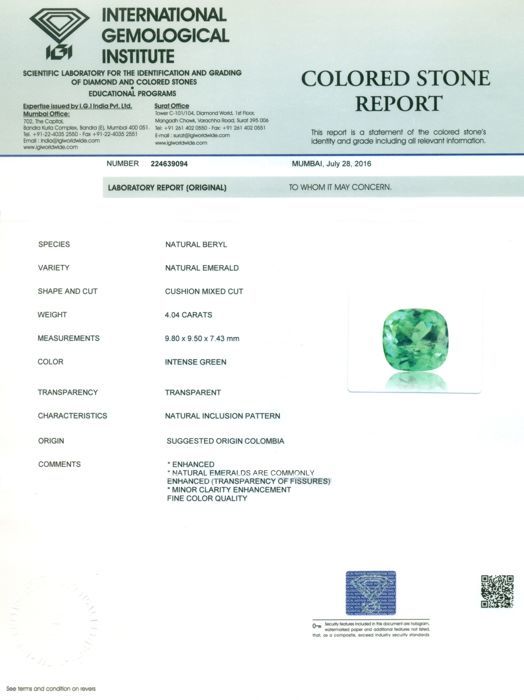 IGI Certified 4.04 ct. Colombian Emerald - Image 2 of 6