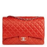 CHANEL Orange Red Quilted Lambskin Maxi Classic Double Flap Bag