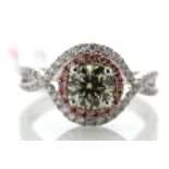 18k White Gold Single Stone With Halo Setting Ring 1.36 Natrual Fancy Green Centre Stone 0.87 Carat