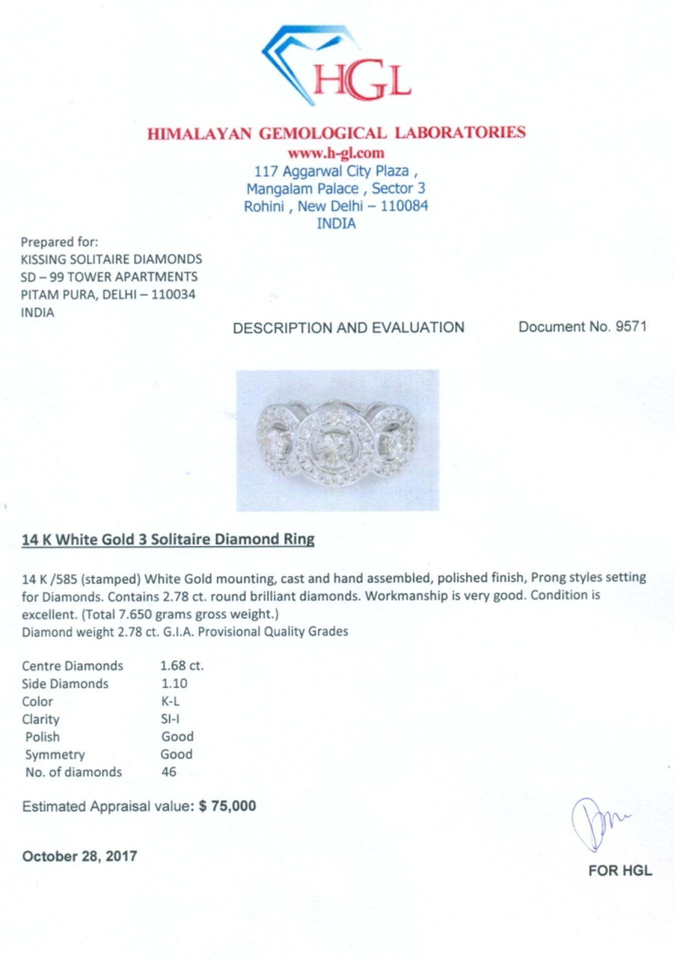 14 K / 585 Designer 3 Solitaire Diamond Ring - Image 2 of 7