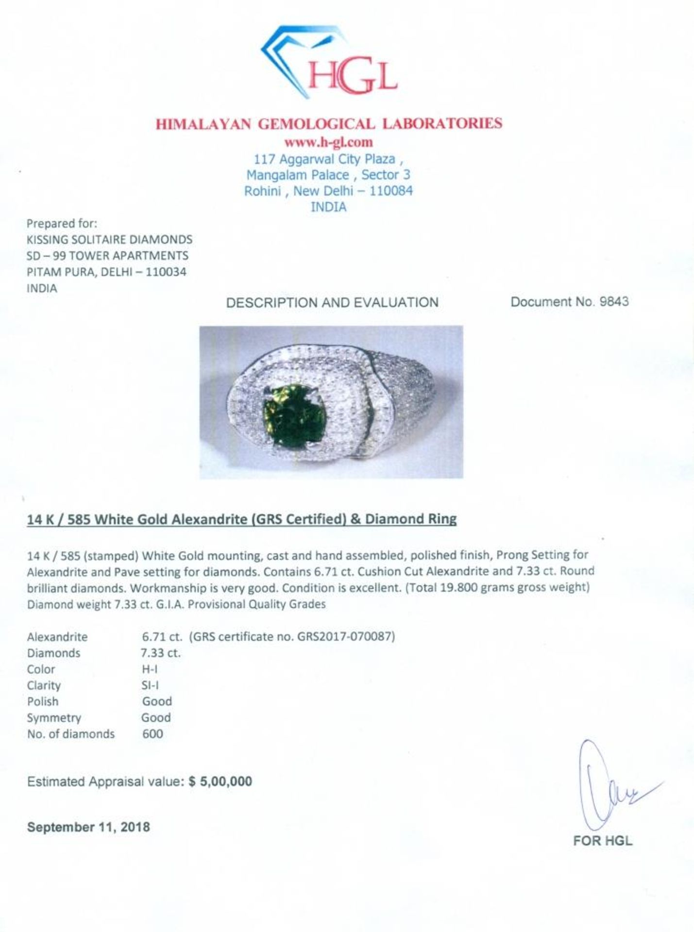 14 K / 585 White Gold Designer GRS Certified Alexandrite (Color Change) & Diamond Ring - Image 9 of 10