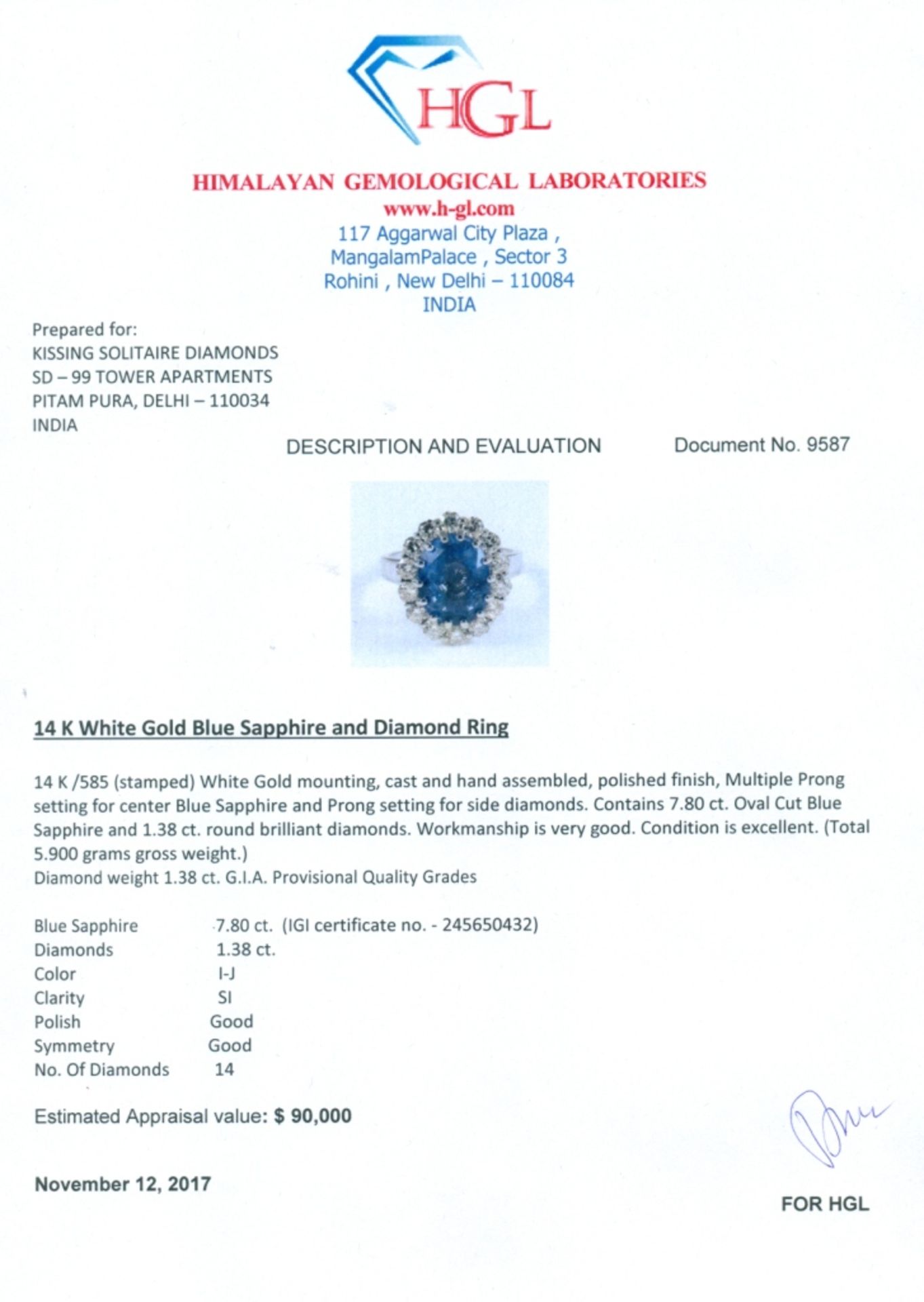 14 K / 585 White gold Designer Blue Sapphire (IGI Certified) & Diamond Ring - Image 10 of 13