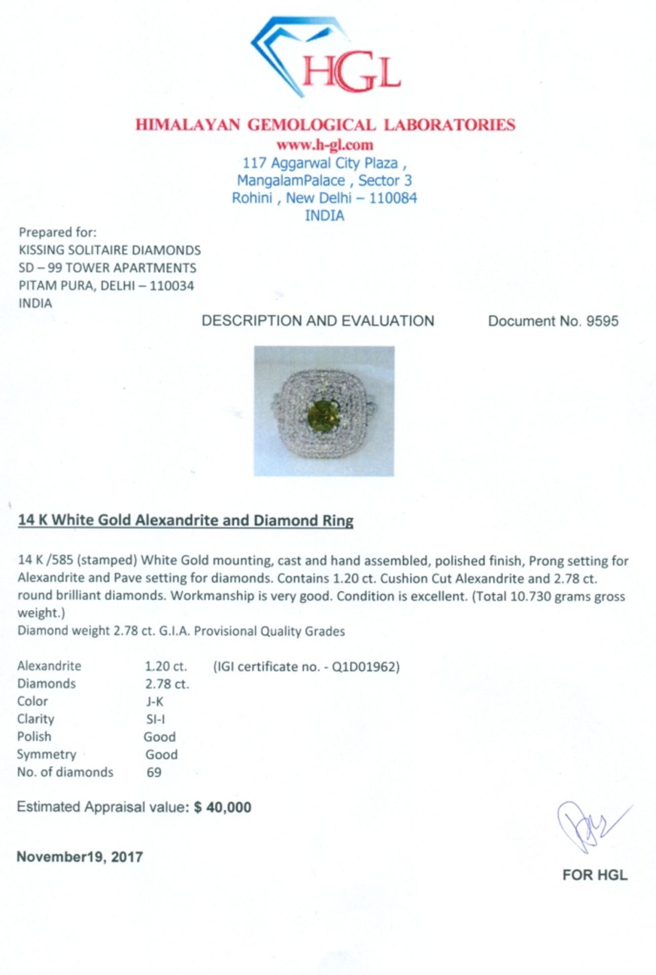 14 K White Gold Alexandrite (IGI Cert.) & Diamond Ring - Image 9 of 11