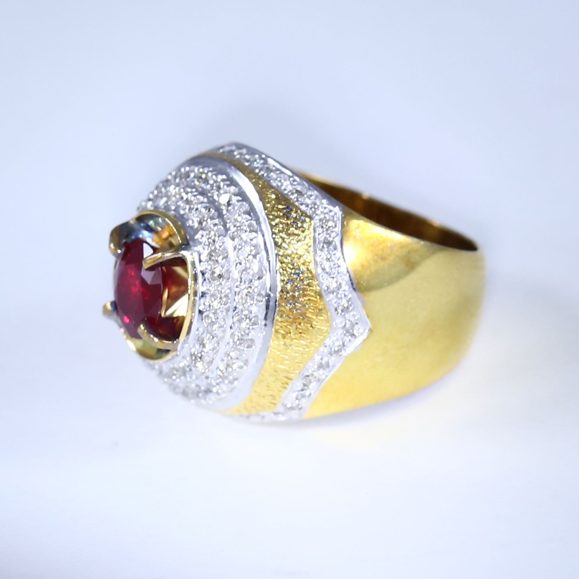 9 K Yellow Gold Designer Ruby and Diamond Men’s Ring - Image 2 of 6