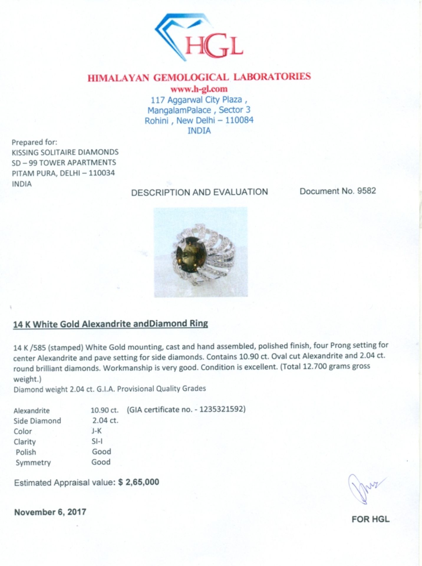 14 K / 585 Designer GIA Certified Alexandrite (Color Change) and Diamond Ring - Image 9 of 10